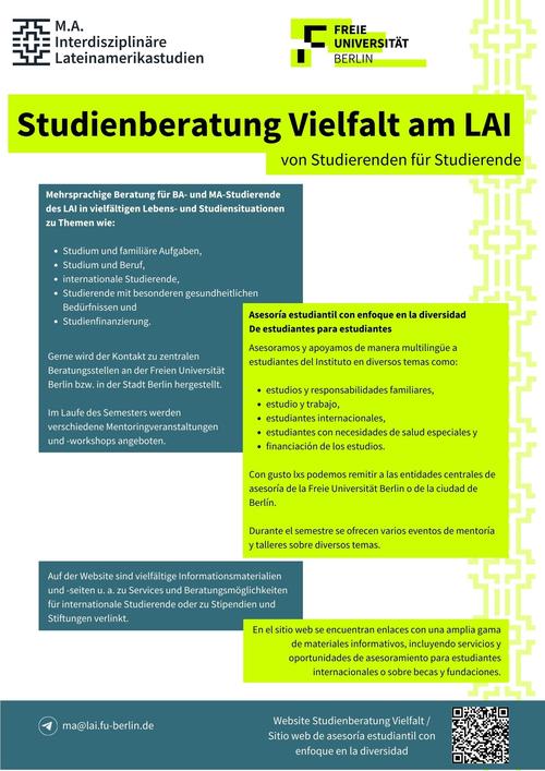 Wir bieten mehrsprachige Beratung für BA- und MA-Studierende des LAI an zu Themen wie